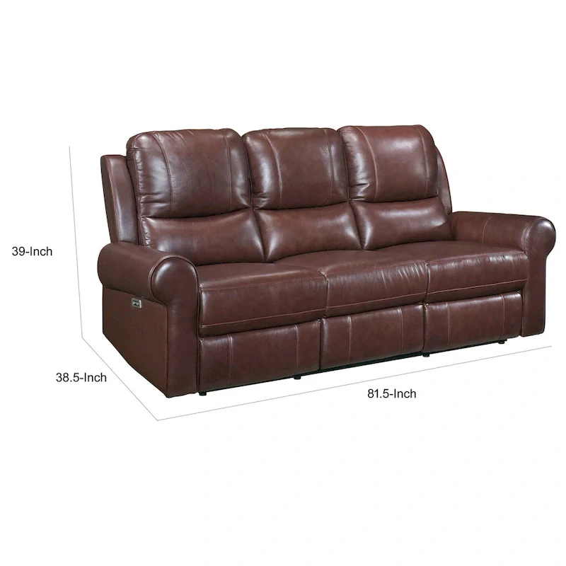 Michael 82 Inch Power Dual Recliner Sofa, USB, Brown Top Grain Leather