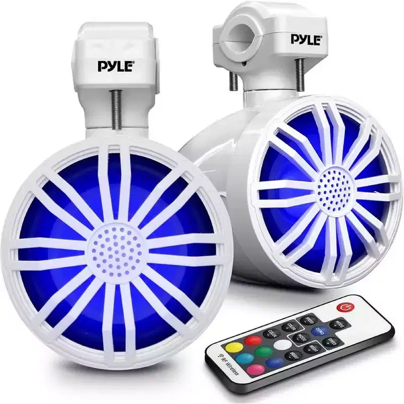 Pyle PLMRBT33WT 3.5 Marine Bluetooth Speaker System with Waterproof Rating, RGB Lights, and Remote Control for Off-Road Vehicles (2 Pcs, White)