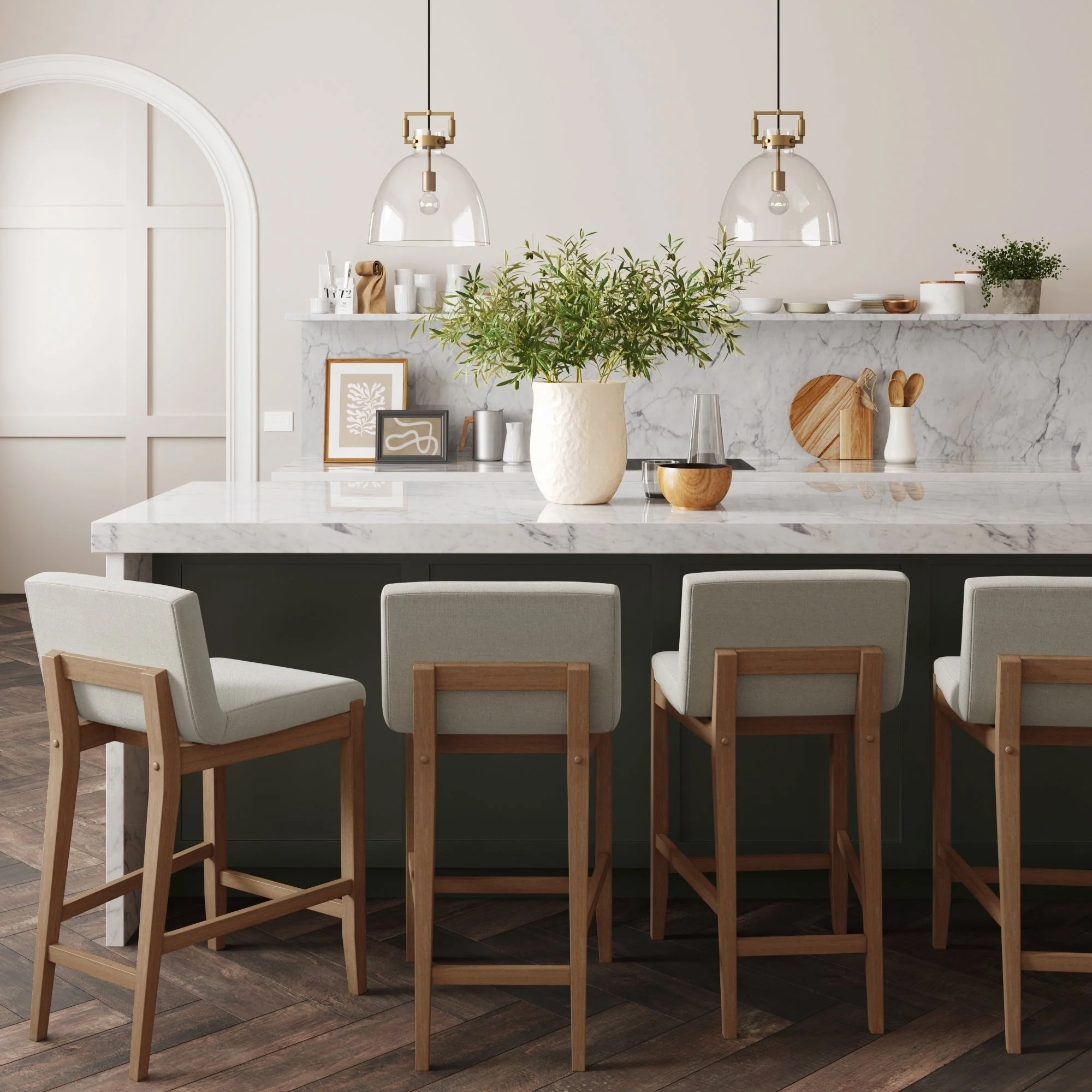 Gracie Modern Bar Stool, Boucle Upholstered Chair and Brushed Wooden Legs