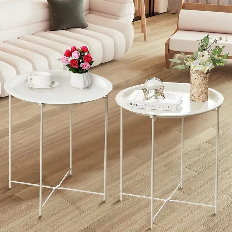 Modern Side Table with Round Removable Tray, Beige (Set of 1/Set of 2)