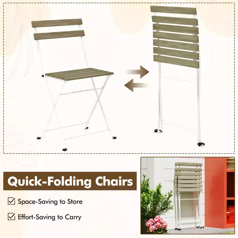 Costway 3 PCS Patio Acacia Wood Bistro Set Bistro Table with 2 Folding Chairs Slatted Seat Brown/Gray