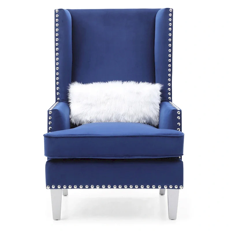 Velvet High Back Accent Chair with Fur Pillow - 47 - Blue
