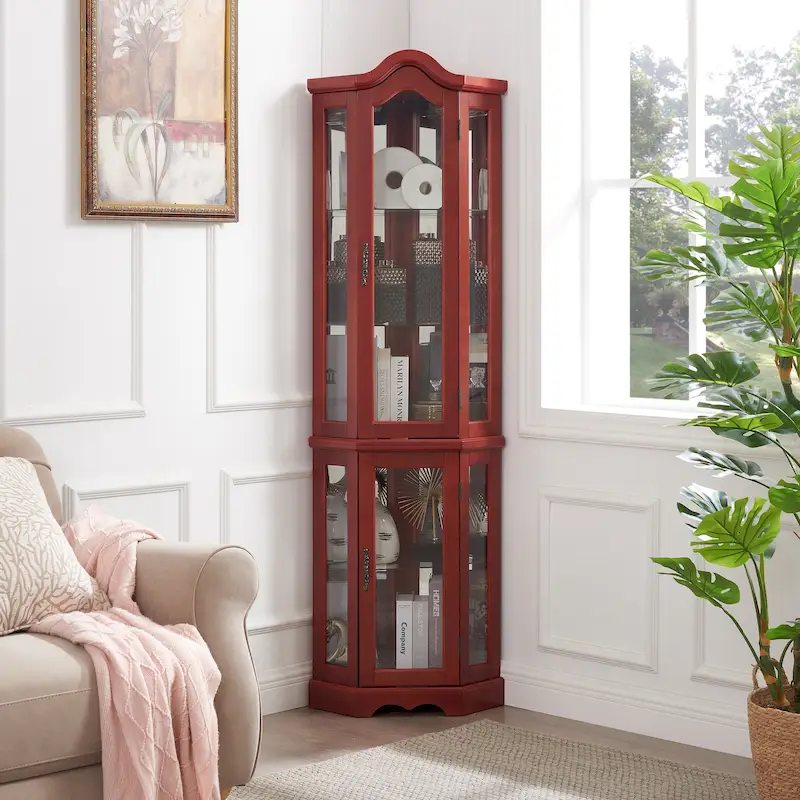 Lighted Corner Curio Cabinet with Tempered Glass Doors & Shelves - Elegant Cherry Display Case with Bulb