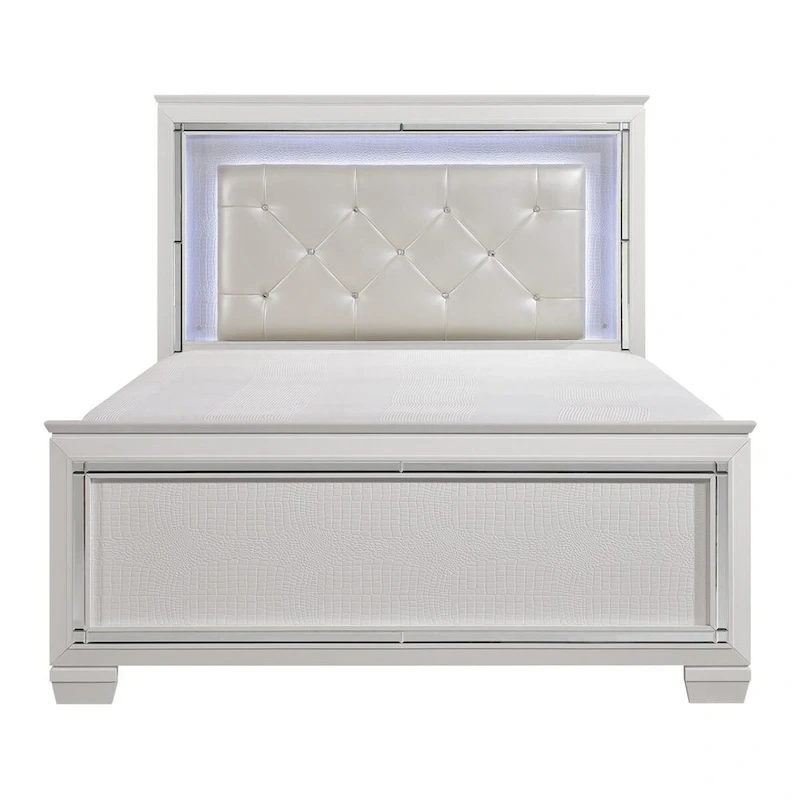 Noah Contemporary Queen Bed, LED Backlit Crystal Tufted Headboard, White