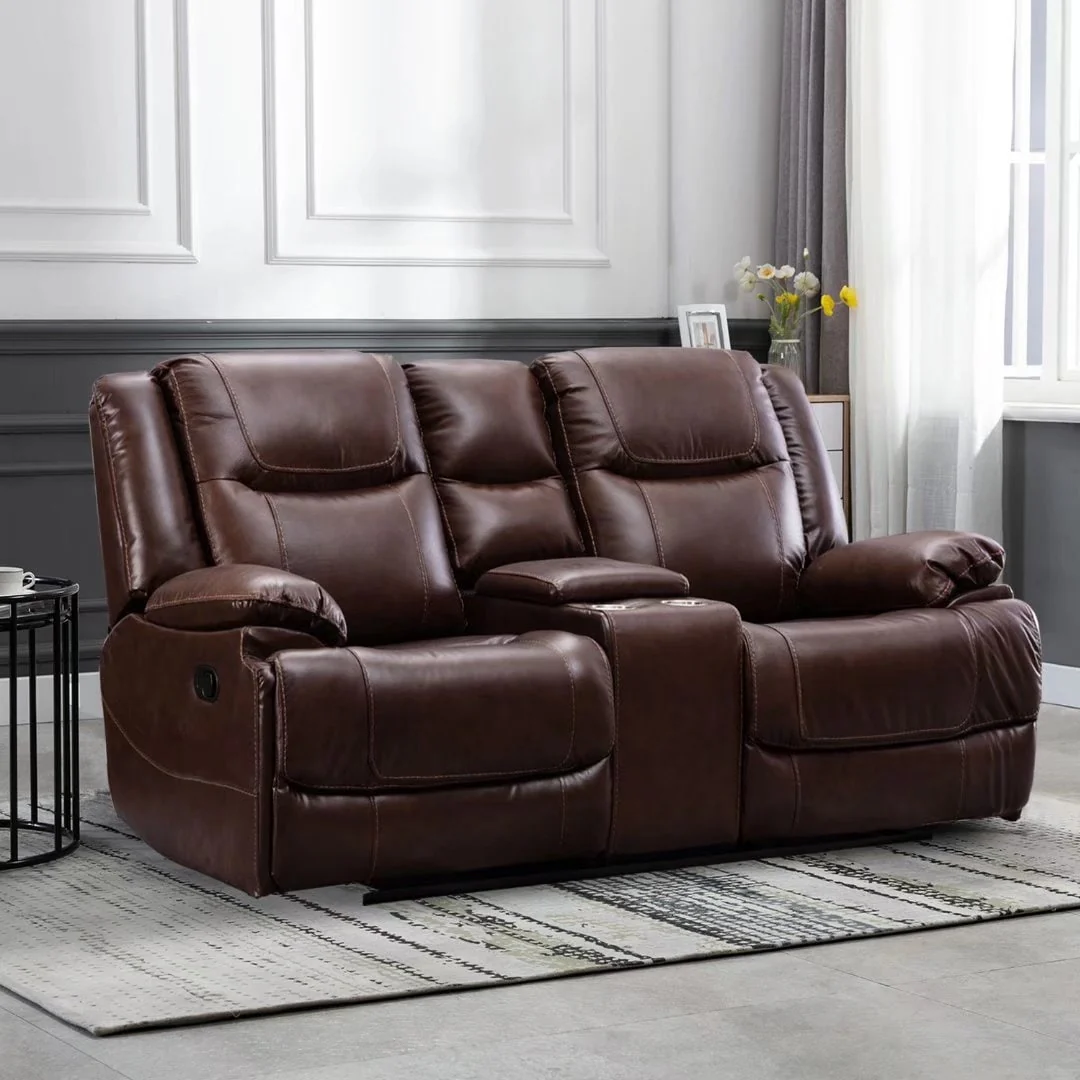 Genuine Leather Mid-century Modern Style Manual Recliners Sofa Set