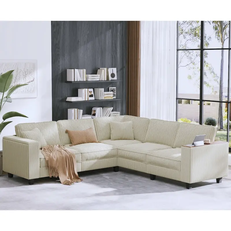 Shaped Corduroy Corner Couch with Armrest Storage