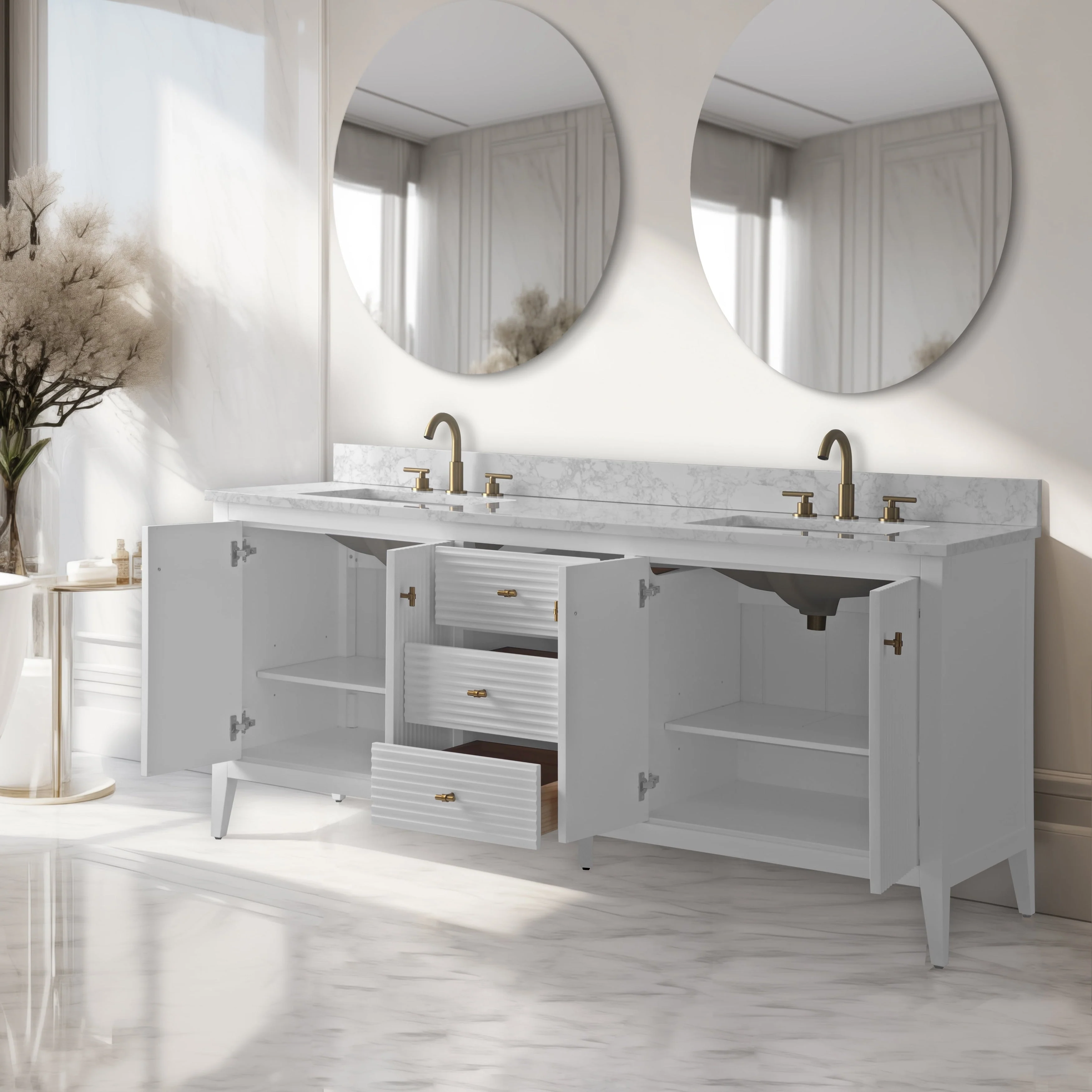 Vanity Art 72 Double Sink Bathroom Vanity Cabinet with Engineered Marble Top