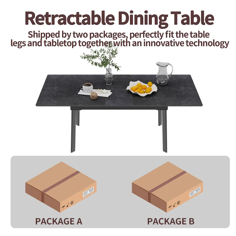 Extendable Kitchen Sintered Stone Material Rectangle Dining Table - 62.9x31.5x31.1 inch