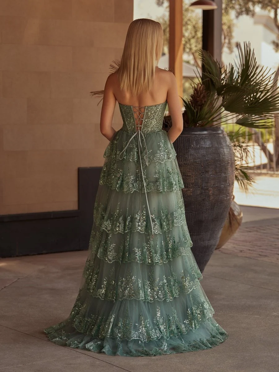 Sky Blue A Line Strapless Ruffle Sequin Lace Prom Dresses