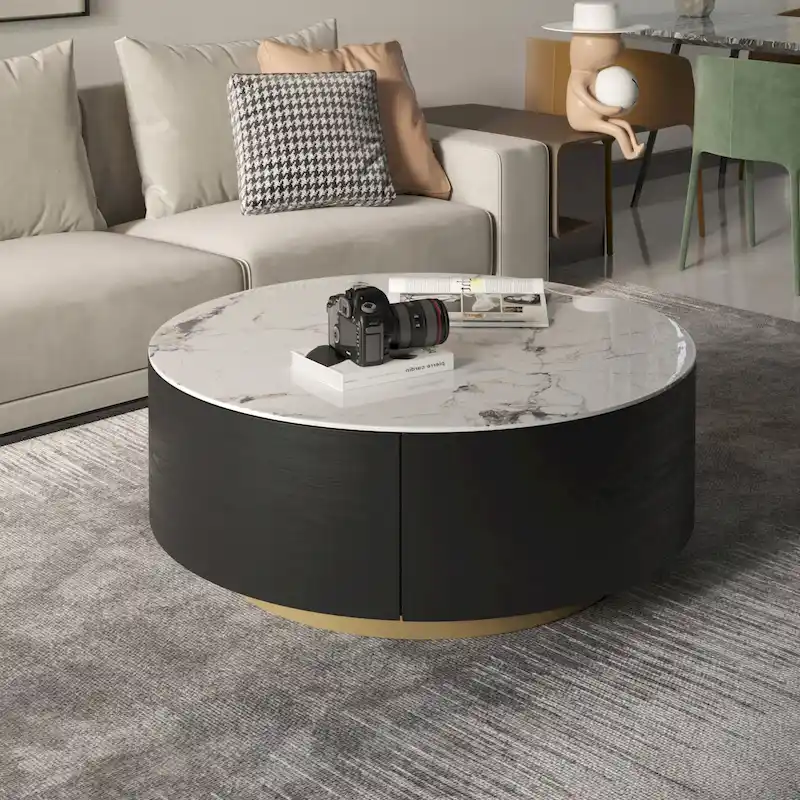 Modern Marble Top Round Coffee Table with Metal Base and 2 Drawers