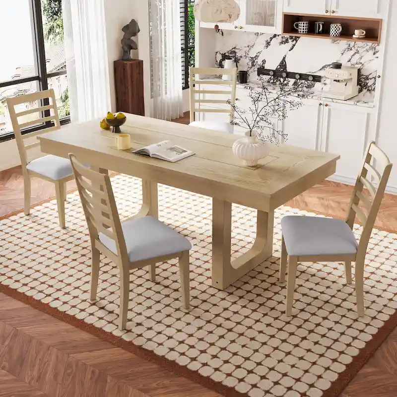 5 Piece Extendable Dining Table Set, Farmhouse Extendable Table with 18 Move Leaf