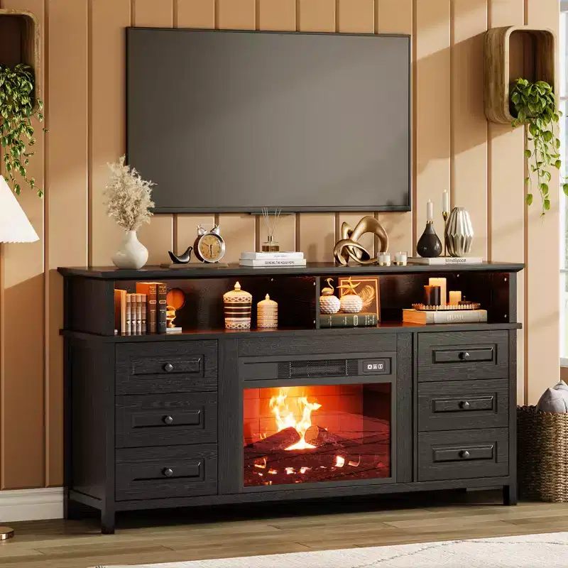 65 Inch TV Stand with LED Lights, Entertainment Center with Storage Cabinets & Open Shelves, White Media Console for Living Room