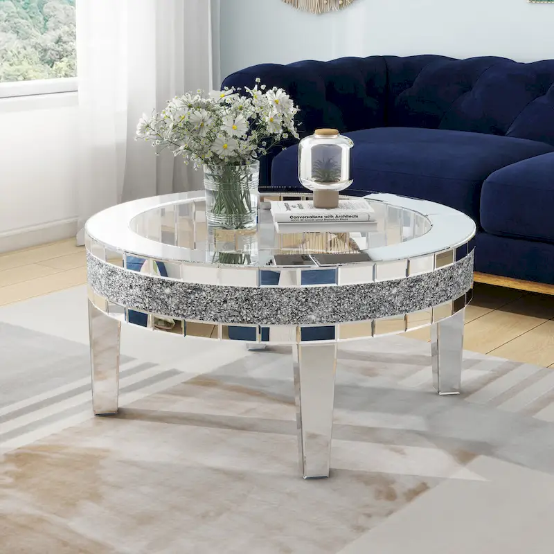 Round Glass Top Coffee Table with Crystal Inlay