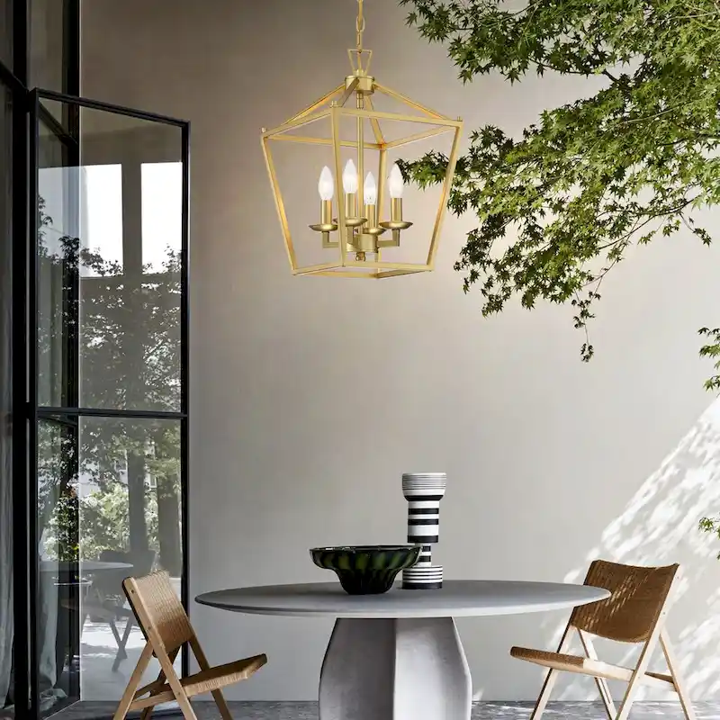 2-PK 12 in.4-light Geometric Lantern Chandelier with Matte Black finish/Soft gold finish