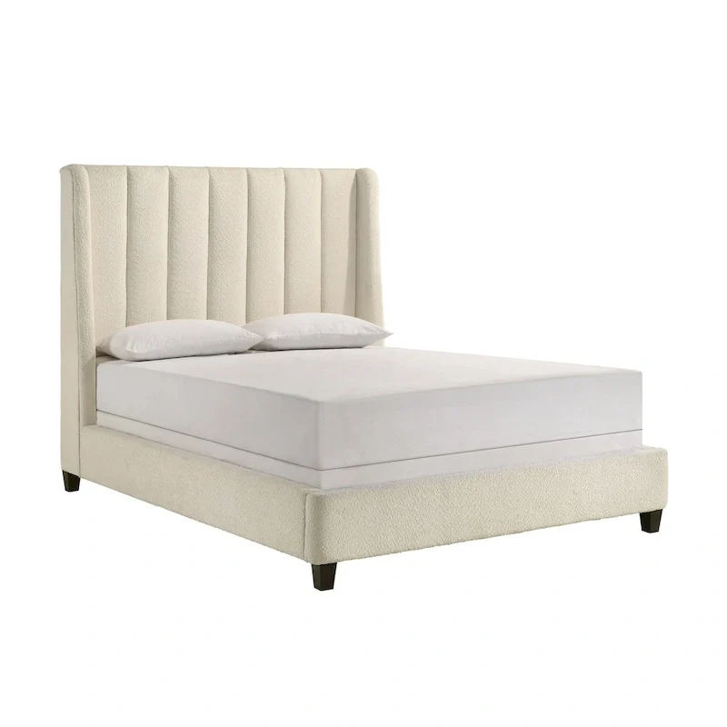 Aegis Queen Size Bed, Wingback, Channel Tufted, Cream Beige Upholstery