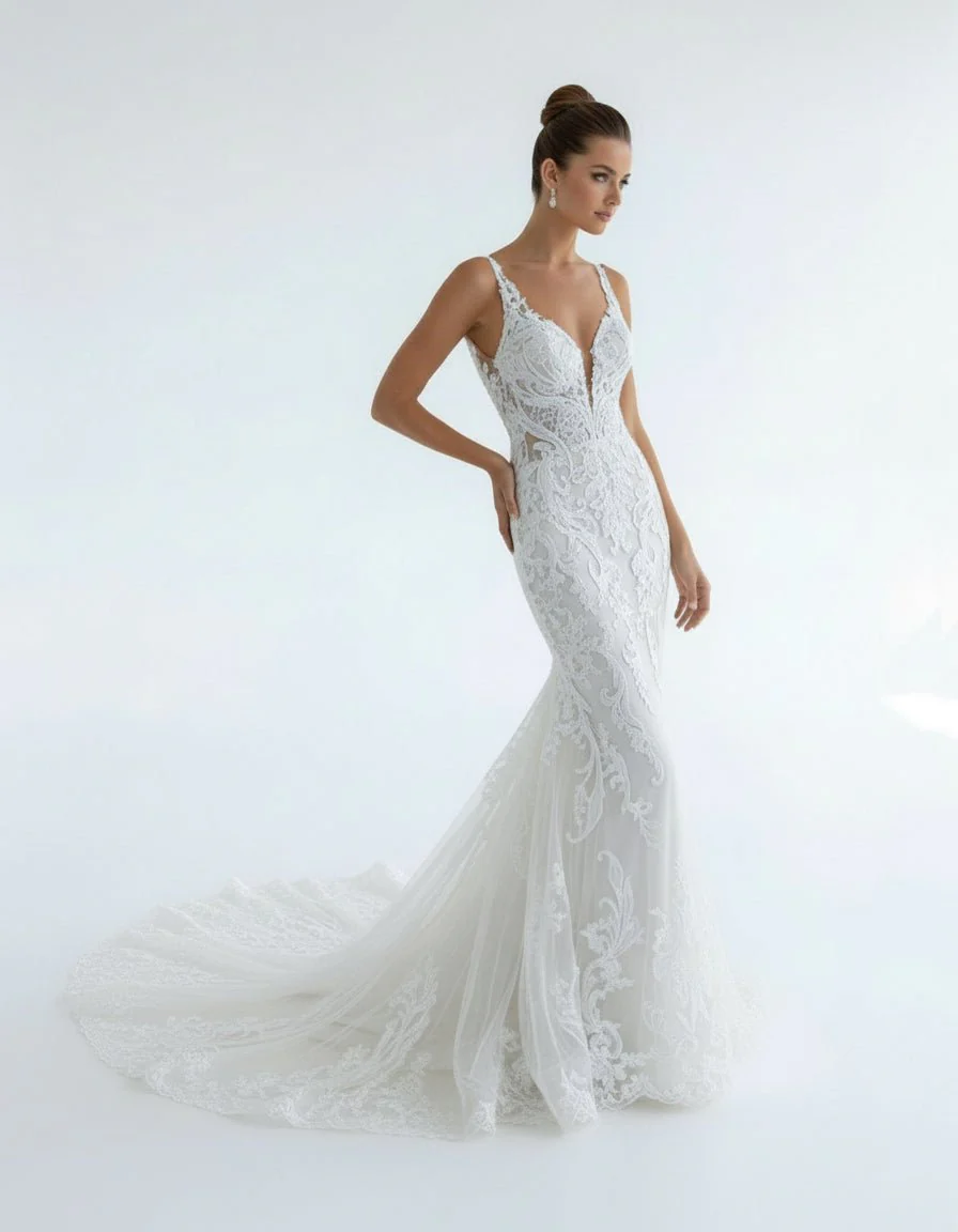 Mermaid V Neck Tulle Lace Wedding Dresses with Train