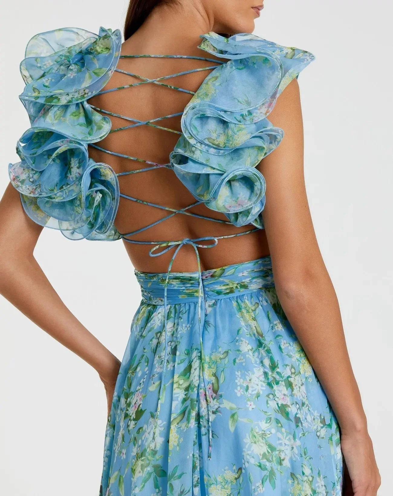 Blue Ruffle Tiered Floral Cut-Out Chiffon Gown