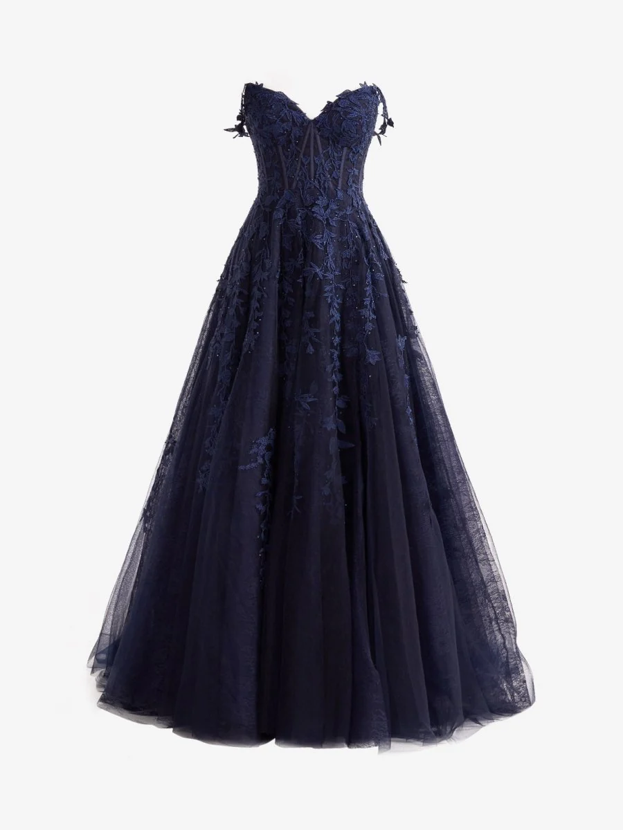 Navy Blue A-line Sweetheart Lace Tulle Prom Dress with Slit