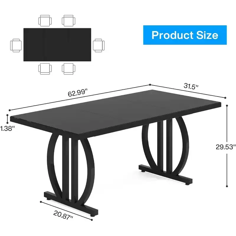 Lantine Dining Table for 6 People, 63 Rectangle Kitchen Table with Metal Frame, Modern Dinner Table for Home, Dining Room, Black