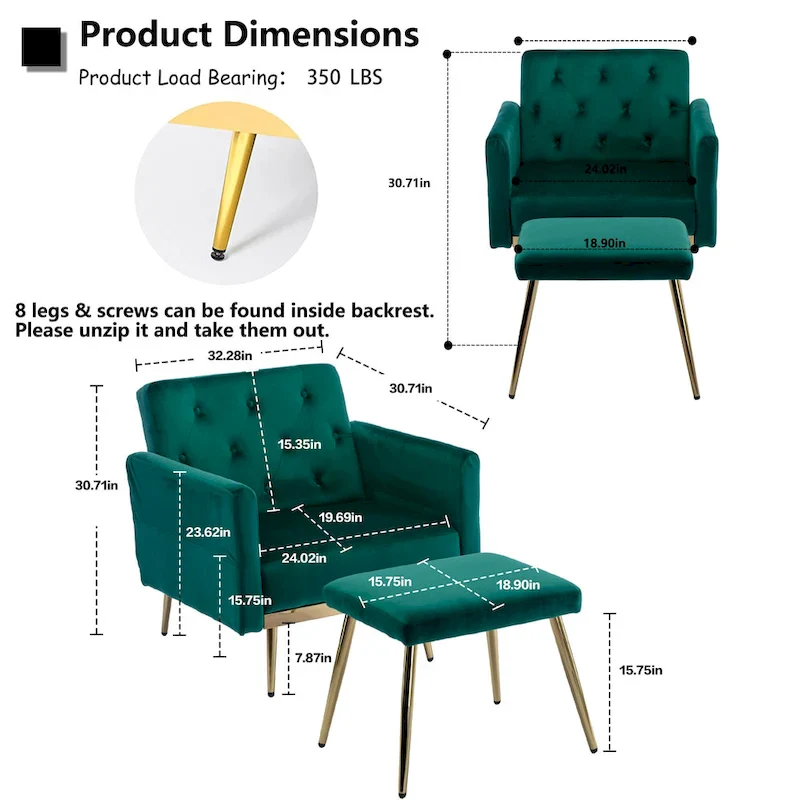 Velvet Tufted Convertible Armchair with Adjustable Backrest & Ottoman – Single