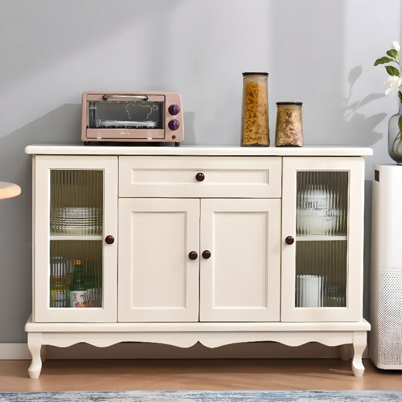 Vintage White Wood Sideboard with Glass Doors
