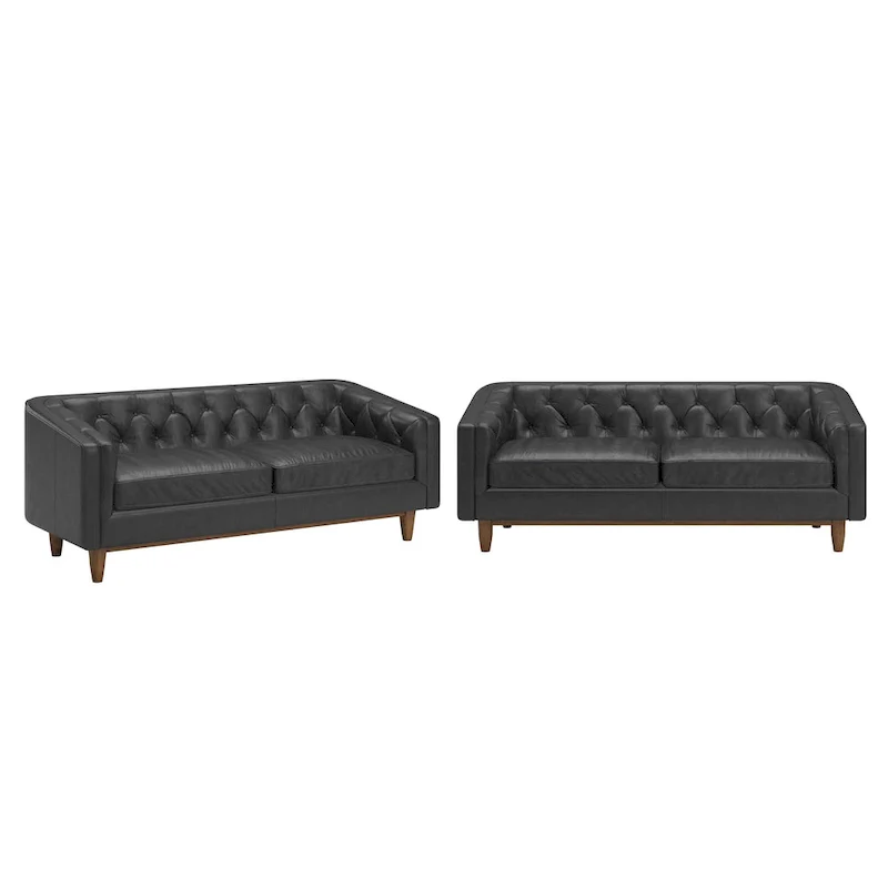 Tartu Dark Oak Finish Black All Leather Button Tufted Loveseat - Sofa