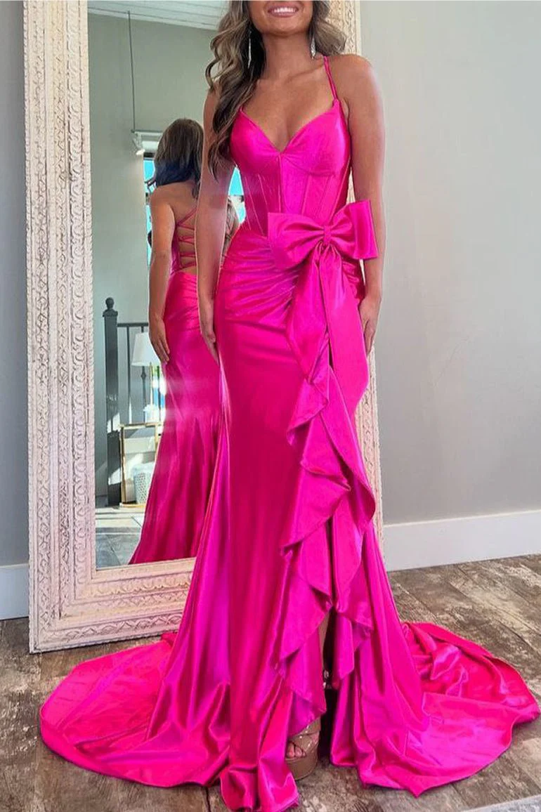 Straps V-Neck Satin Mermaid Prom Dress with Bow
