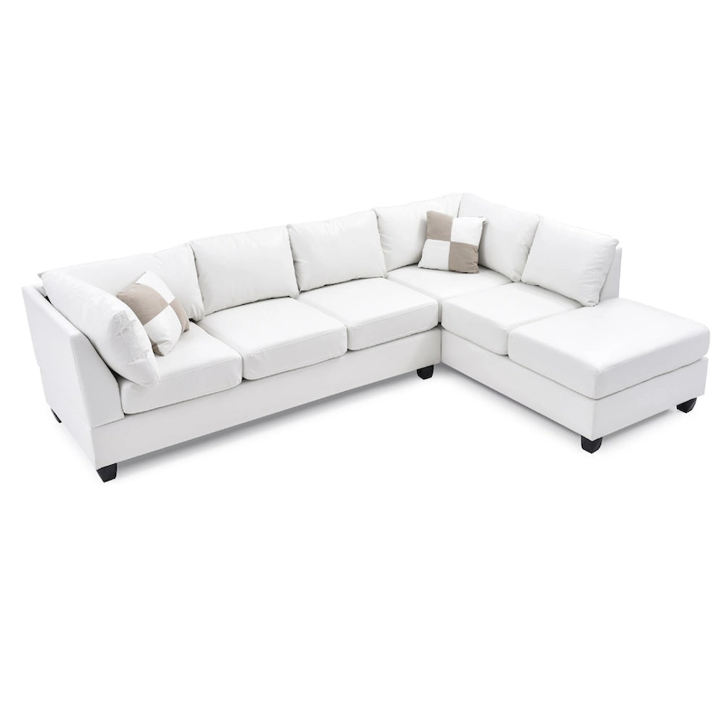 Reversible Faux Leather 4-Seater Sectional Sofa with Throw Pillows - 111  - White