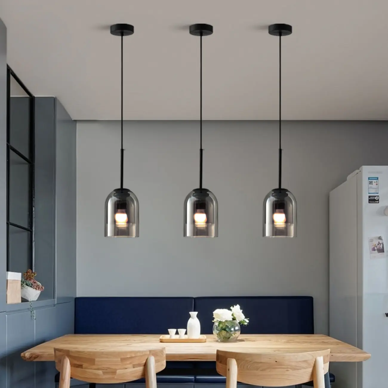 Modern Metal Gray Glass Cylinder Pendant Light