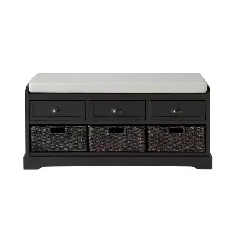 Storage Bench, Wooden Storage Bench Organizer with 3 Drawers and 3 Baskets, Entryway Shoe Bench with Cushion for Living Room, Hallway, Entryway