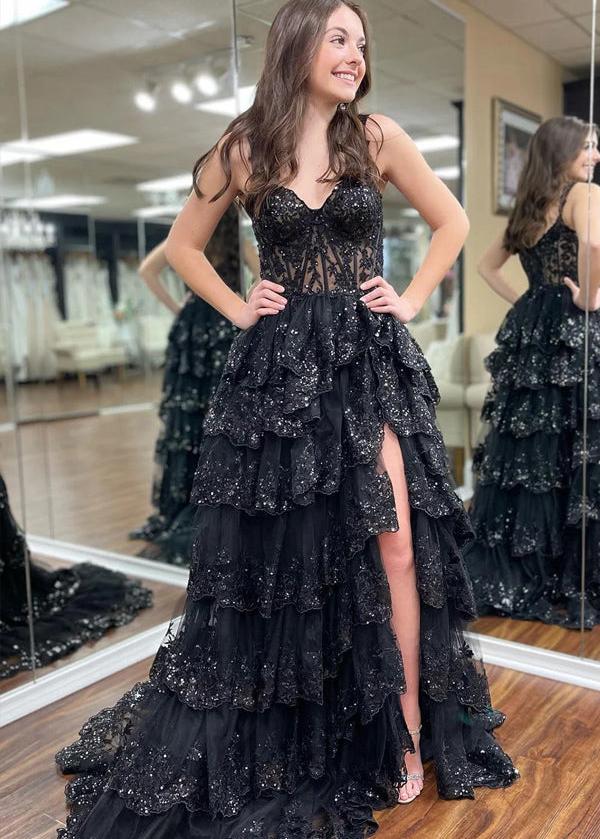 A-Line Lace Off-the-Shoulder Tiered Long Prom Dress with Slit