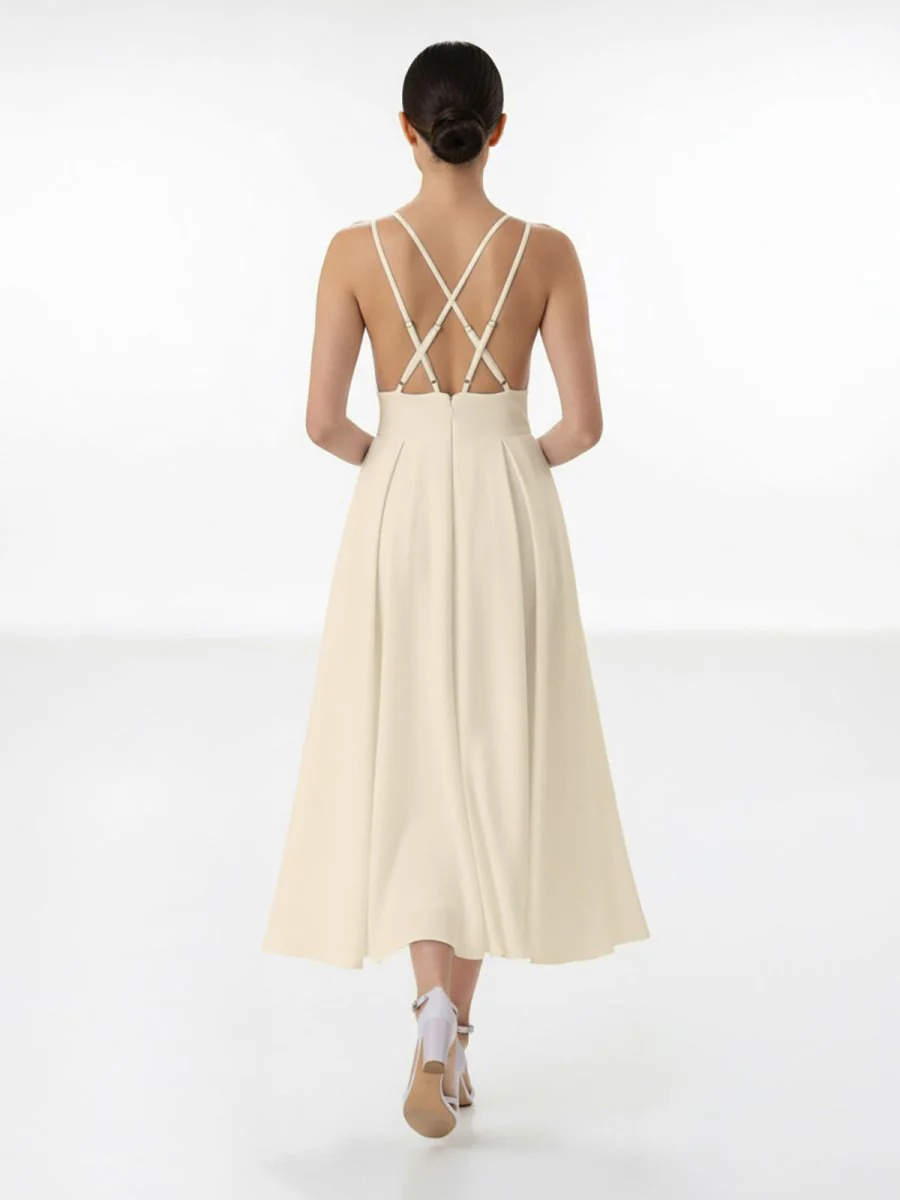 A-Line V-Neck Sleeveless Satin Knee-Length Wedding Dress