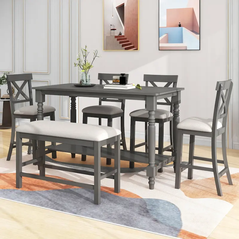 Vintage 6-Piece Counter Height Wooden Dining Table Set with 4 Chairs