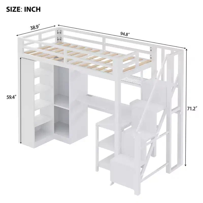 Metal Twin Loft Bed with Desk and Wardrobe, Stairway Loft Bed Frame with Storage Shelves, White