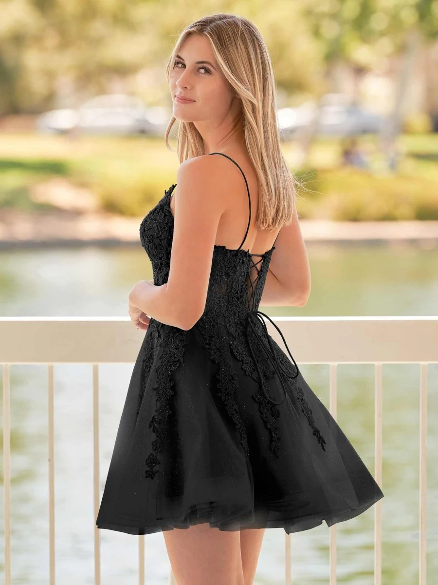 A-Line Spaghetti-Straps Sky Blue Lace Homecoming Dress With Appliques