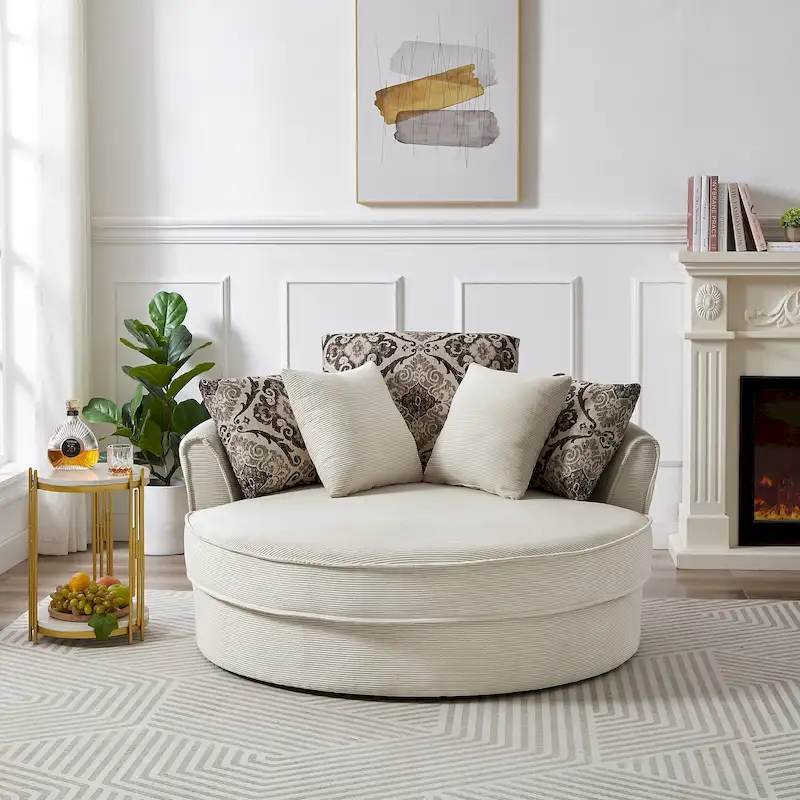 Swivel Accent Barrel Chair with 5 Pillows — 360° Rotation, Corduroy