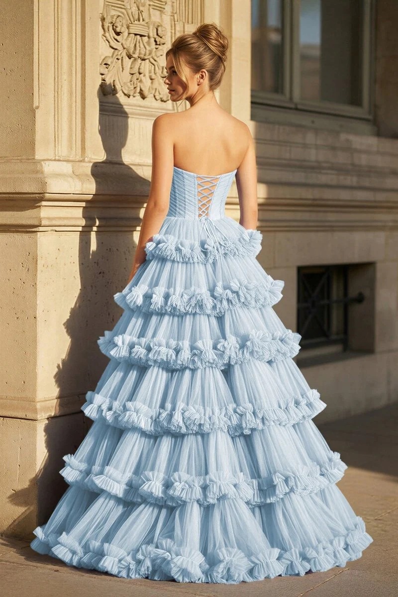 Navy Blue Strapless A Line Tulle Ruffled Long Prom Dresses With Slit