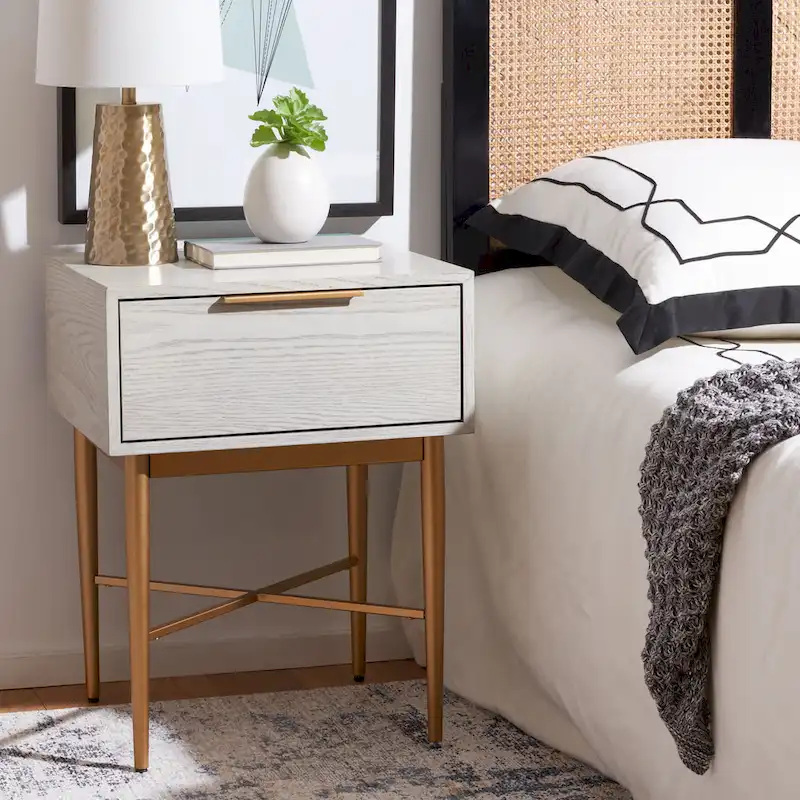 1-Drawer Nightstand, Walnut/Gold & White Washed/Gold, Crossed-Base Style, Single