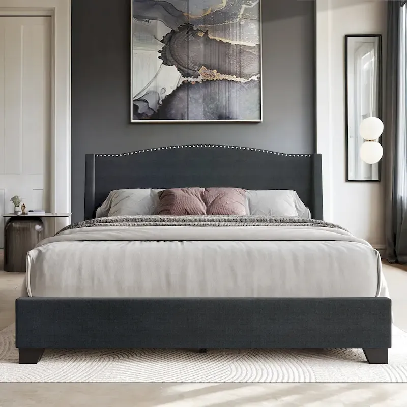 CraftPorch Elegant Chrome Nailhead Wingback Upholstered Bed with Drawers