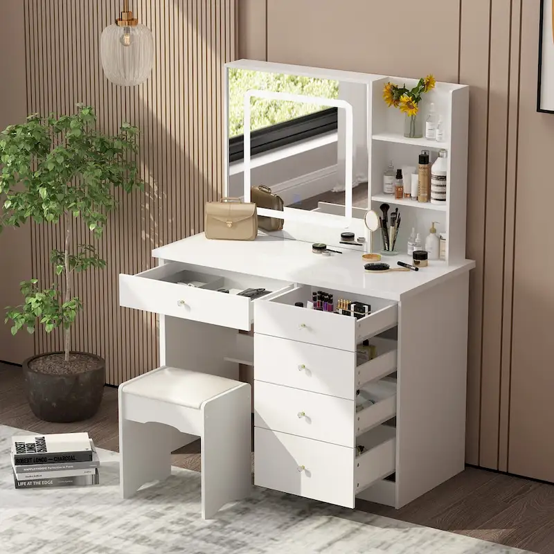 White Makeup Vanity Set with Stool & 3-Color LED Mirror, 1-Person, 39.4