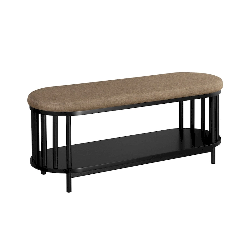 Scandi Upholstered-Top Storage Bench with Lower Shelf for Living Room, Bedroom and Office - Black