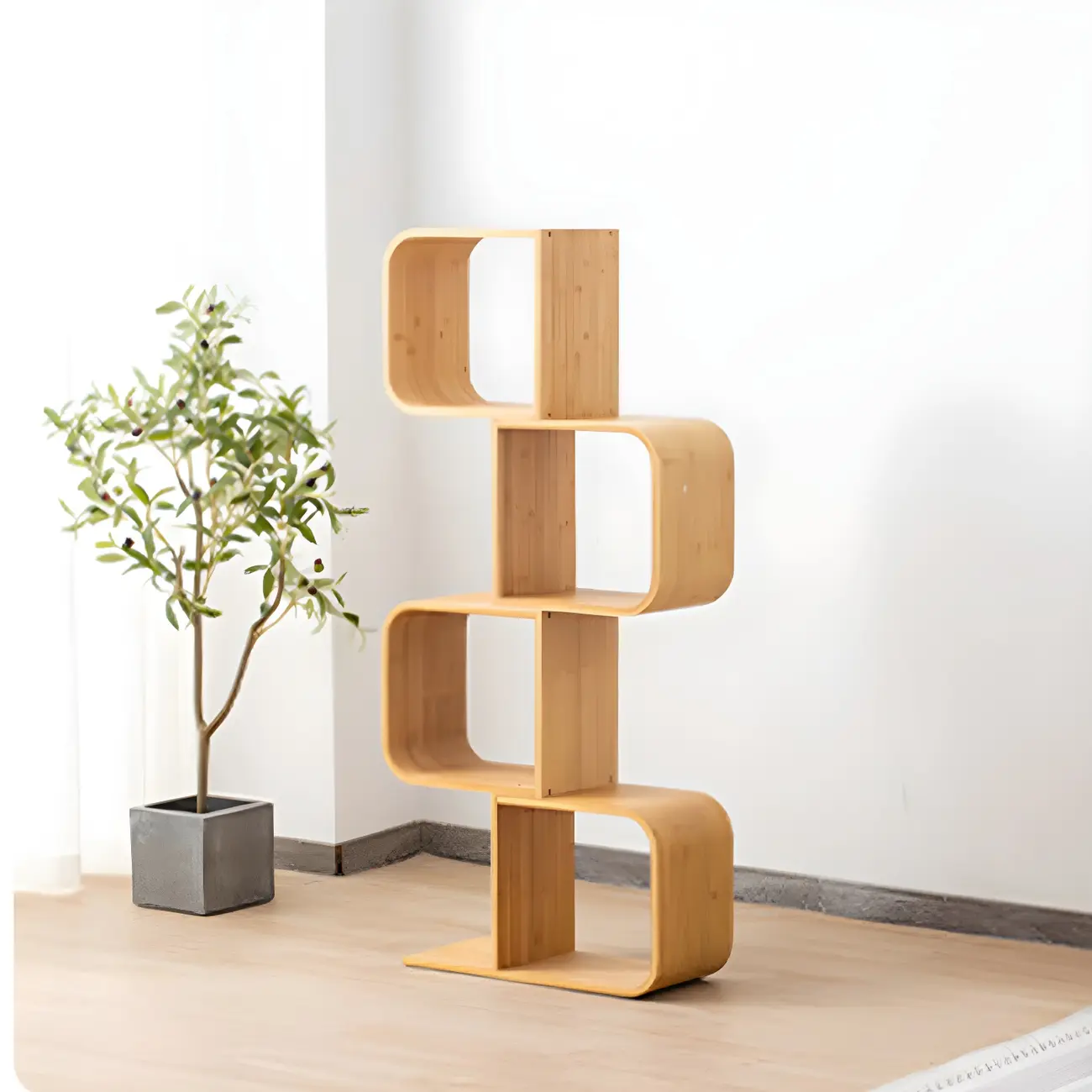 Geometric Natural Finish Bamboo Wood Vertical Bookcase