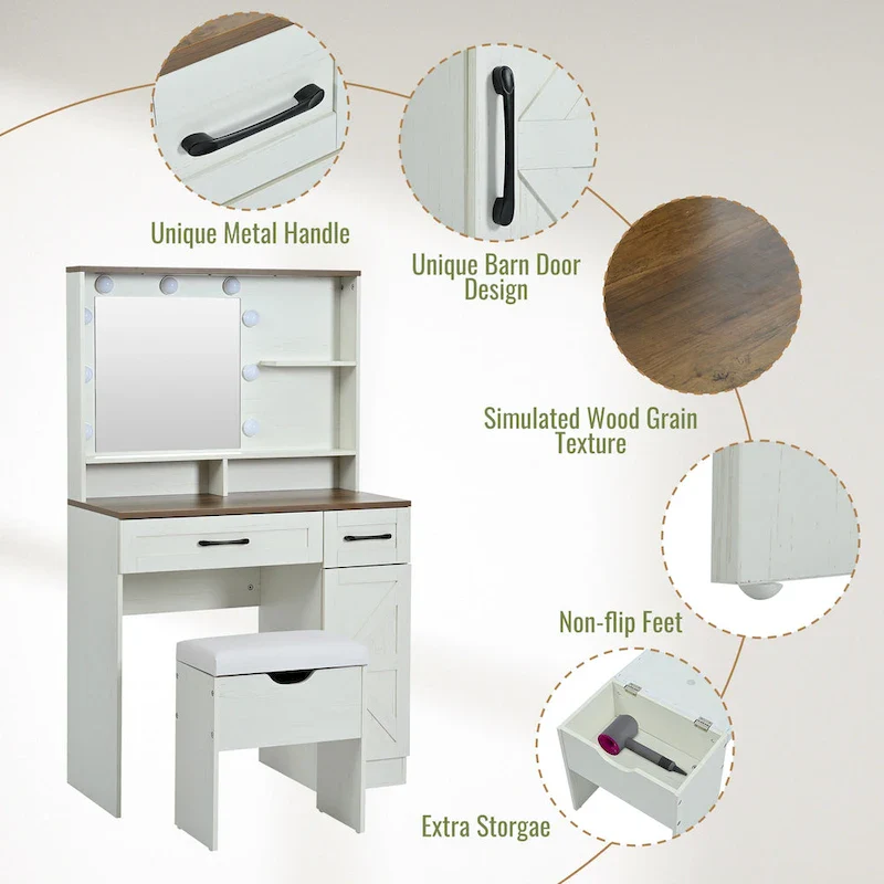 Brown & White Farmhouse Vanity Desk with Mirror & Lights, 1-Person, Barn Door Style