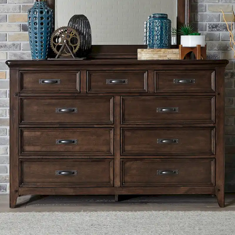 9-Drawer Rubberwood Dresser with Beveled Mirror – Tobacco / Dark Brown