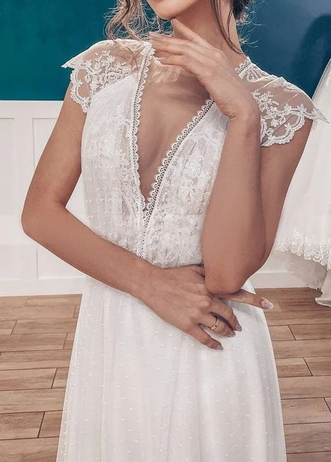 Casual A-line Backyard Tulle Long Wedding Dresses with Cap Sleeves