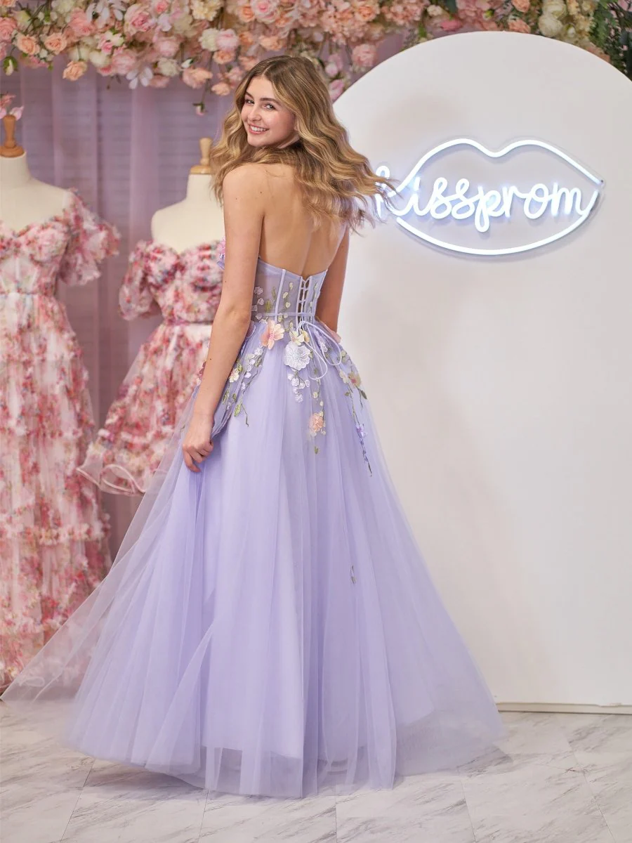 Lavender A-Line Strapless Tulle Homecoming Dress With 3D Flowers