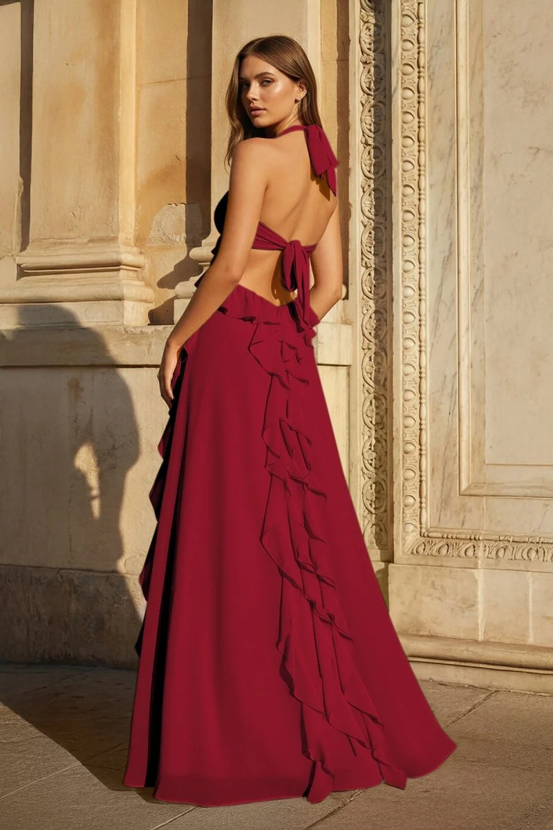 Pink A-Line Halter Chiffon Ruffled Long Prom Dresses With Cut Out