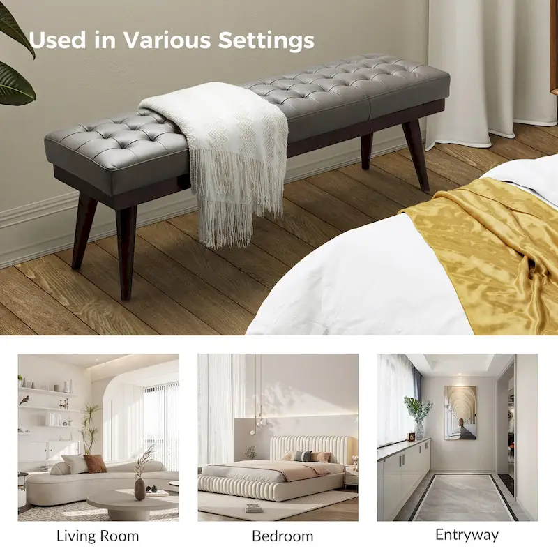 Genuine Leather Tufted Bench with Solid Wood Base