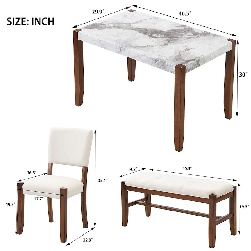 4-Piece Dining Table Set with 2 Upholstered Chairs and Bench