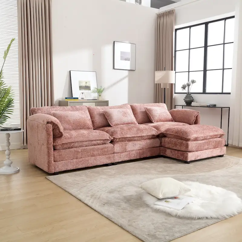 112 L-Shaped Sectional Sofa - 3-Seater Chenille Fabric Couch with Chaise, Detachable Armrests, 500lb Capacity, Living Room Furniture